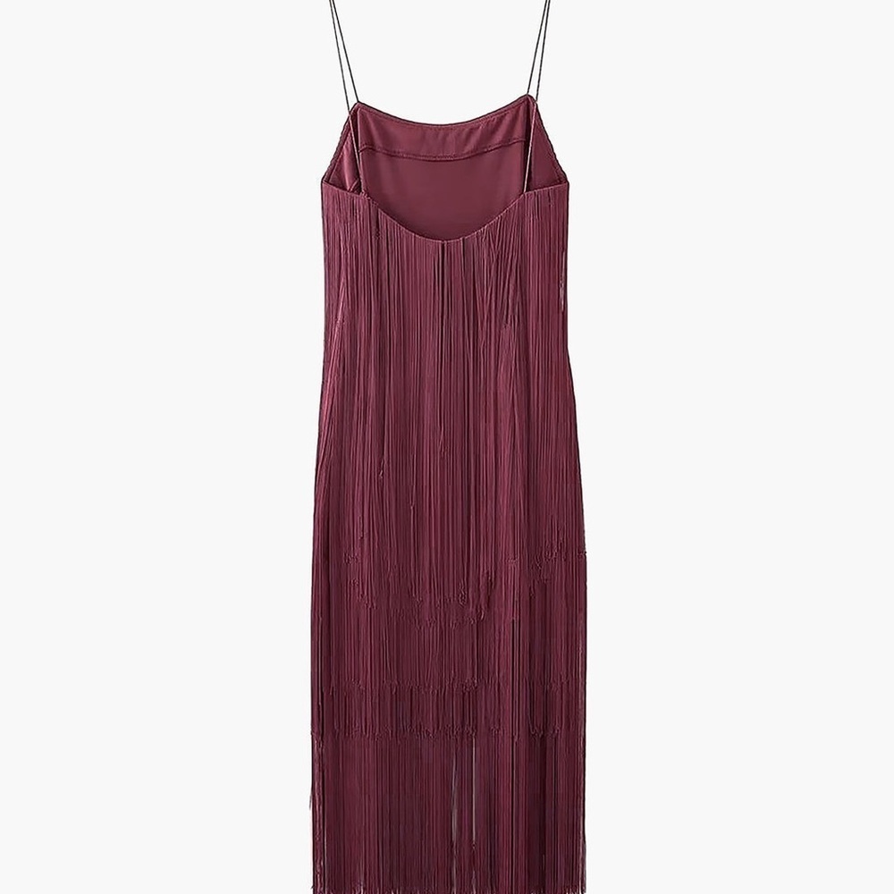 COMMENSE Florence Fringed Open Back Short Dress XL NWT Sold Out Online Burgundy - Picture 7 of 11